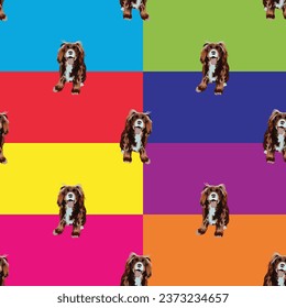 cocker spaniel Dog geometric pattern, several colors. Elegant, seamless holiday background, abstract background with sitting smiling dogs. Birthday present, clean style, plain wrapping art. 