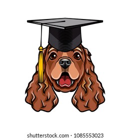 Cocker Spaniel dog graduate. Graduations cat hat. English Cocker Spaniel breed. Education symbol. Dog portrait. Vector illustration.