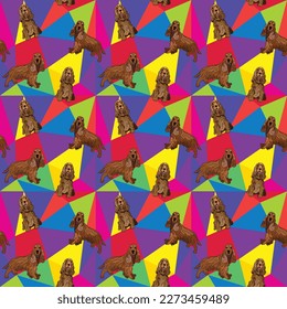 Cocker Spaniel dog on a mosaic geometric background. Funky, colorful vibe, rainbow colors palette. Simple, clean, modern texture. Geometric, polygon style. Summer seamless pattern with dogs.Triangles.
