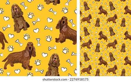 Cocker Spaniel dog on a playful yellow background with bones and paws. Funky, colorful vibe, vibrant palette. Simple, clean, modern texture. Summer seamless pattern with dogs. Birthday present.