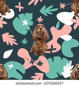 Cocker spaniel dog in one color, line art style, white and navy illustration. Dog stroke outline. Hand-drawn icons, Simple dog, wallpaper with leaves, palms, flowers, and plants. Birthday fabric.