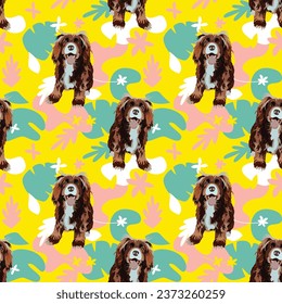 Cocker Spaniel Hund in einer Farbe, Linie Kunststil, gelbe Illustration. Hundehub-Umriss. Handgezeichnete Symbole, Einfache Hunde, sommerliche Tapete mit Blättern, Palmen, Blumen und Pflanzen. Geburtsgewebe.