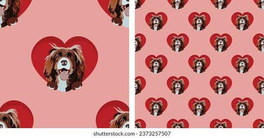 Cocker spaniel dog with paws pattern, Valentine's day red hearts wallpaper. Love heart with pet head holiday texture. Dog face Holding Heart Cartoon square background. St Valentine's day present.