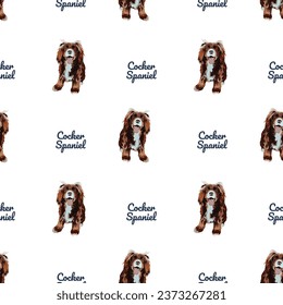 Cocker spaniel dog portrait seamless pattern. Hand-drawn dog on a repeatable white background. Cute abstract texture with sitting happy dog Drawing. Cartoon style. Popular character. Birthday present