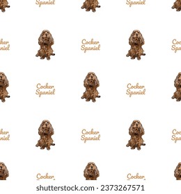 Cocker spaniel dog portrait seamless pattern. Hand-drawn dog on a repeatable white background. Cute abstract background, dog plus text design. Cartoon style. Popular character. Birthday present