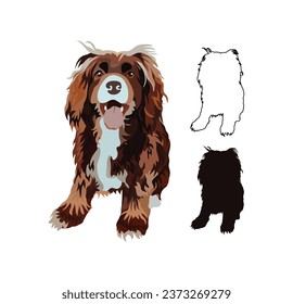 Cocker spaniel dog portrait. Sticker on a white background. Cute detailed spaniel with tongue Drawing. Cartoon style. Popular character. Black stroke, dog outlines. Brown silhouette. Flat style. 