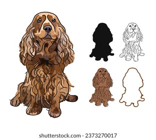 Cocker spaniel dog portrait. Sticker on a white background. Cute detailed mongrel Drawing. Cartoon style. Popular character. Black stroke, dog outlines. Brown silhouette. Flat style. Dog stickers set.