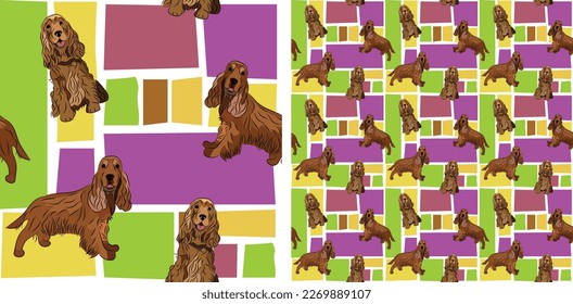 Cocker Spaniel dog summer bright wallpaper. Holiday abstract shapes square seamless background, repeatable pattern. Birthday wallpaper, Christmas present, print tiles. Simple puzzle with dogs. Game.