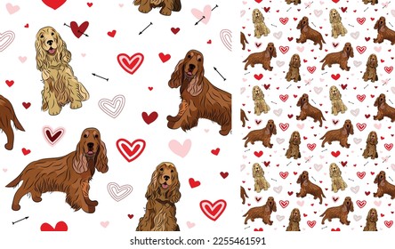 Cocker Spaniel dog Valentine's day heart wallpaper. Love doodles hearts with pets holiday texture. square background, repeatable pattern. St Valentine's day wallpaper, valentine present, print tiles.