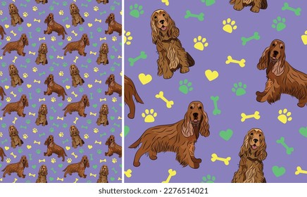 Cocker Spaniel dogs on a playful violet background with bones, hearts, paws. Funky, colorful vibe, vibrant palette. Simple, clean, modern texture. Summer seamless pattern with dogs. Birthday present.