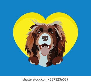 Cocker spaniel with paws, Valentine's Day postcard. Big heart with pet head looking out from a heart, holiday present. Cartoon square blue background with spaniel breed art. St Valentine's day card. 