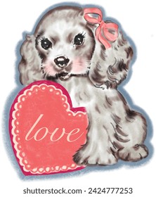 cocker spaniel puppy illustration ideal for valentine's day theme and vintage style