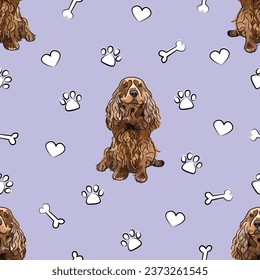 Cocker spaniel seamless pattern with dogs, bones, hearts, and paws on a playful a light violet background. Holiday texture with mixed-breed dog in one color, line art style, white dog icons, wallpaper