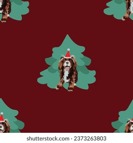 Cocker spaniel under the Christmas tree seamless pattern. Popular repeatable winter background. Happy Howlidays Dog Christmas Card for dog lovers. Abstract texture with mongrel, tree. Cartoon style.