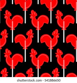 Cockerel candy seamless pattern. Caramel background. Russian traditional folk sweets Christmas ornament. lollipop rooster sign for new year. lollipops Cock texture
