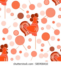 Cockerel candy seamless pattern. Caramel background. Russian traditional folk sweets. Lollipops Cock texture.