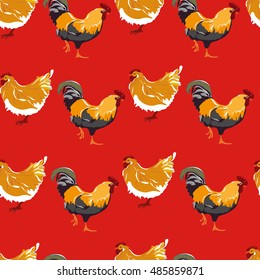 cockerel  and chicken on a bright background. seamless pattern of domestic birds. vector illustration