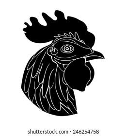 Cockerel head avatar, chinese zodiac sign, black silhouette isolated on white