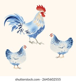 Cockerel and hens watercolor vector