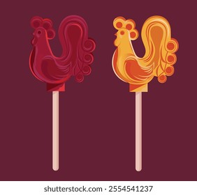 A cockerel on a stick. Winter lollipop. Lollipop on a stick. New Year's candy.