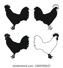 Сock, cockerel, rooster, chicken, hen, chick, position standing, poultry silhouette hand drawn
