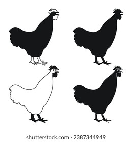 Сock, cockerel, rooster, chicken, hen, chick, position standing, poultry silhouette hand drawn