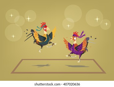 Cockfighting ring with two brave roosters behaving like martial artists. Editable Clip Art.