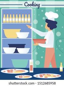 Cocking and Baking Pizza in Pizzeria Flat Vector Concept with Restaurant Female Chef, Woman in White Toque Blanche Hat, Preparing Food, Kneading Dough, Taking Dish Ingredients from Shelf Illustration