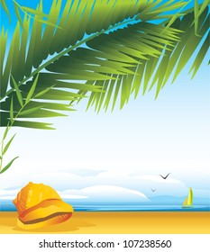 Cockleshell under a palm branches on the background of landscape. Vector