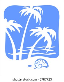 Cockleshell and white silhouettes of palm trees on a background of waves.
