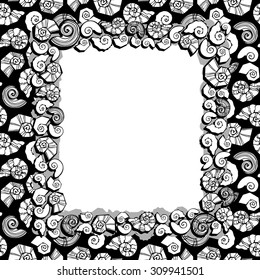 Cockleshells. Sea frame. Black and white. Vector illustration. 