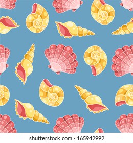 Cockleshells seamless pattern. On the blue. Vector background.