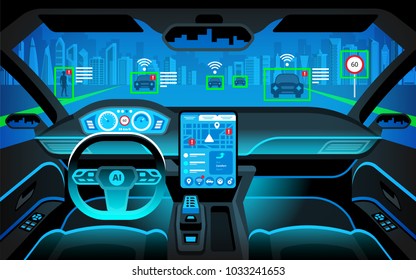 Cockpit Of Autonomous Car. Self Driving Vehicle. Artificial Intelligence On The Road. Head Up Display(HUD) And Various Information. Vehicle Interior. Vector Illustration