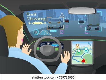 Cockpit of autonomous car. Self driving vehicle.