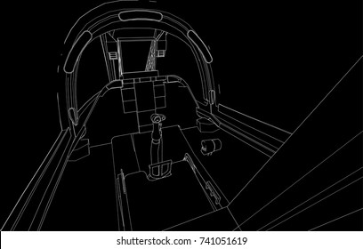 The cockpit of combat aircraft from the inside. Vector illustration in lines.