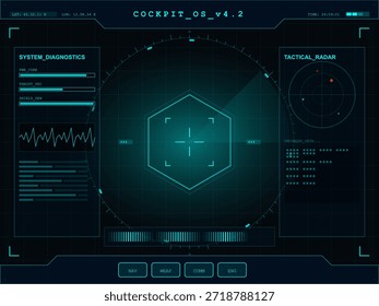 El sistema de control de la cabina muestra varios diagnósticos y un radar táctico en una pantalla digital. Muestra lecturas de datos e indicadores visuales utilizados para la navegación y las operaciones.