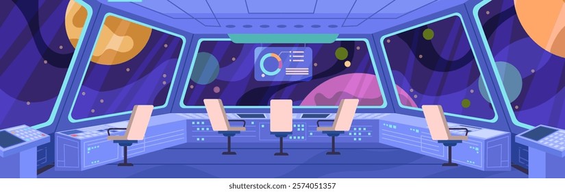 Cockpit for controlling internal systems of spacecraft and its propulsion systems. Vector space travel and spacewalking, futuristic design of cabin for capitan pilot and team. Computers and displays