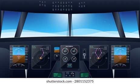 The cockpit has flight screens displaying altitude, speed, and navigation data. A clear sky is visible through the front window. The airplane is in flight.