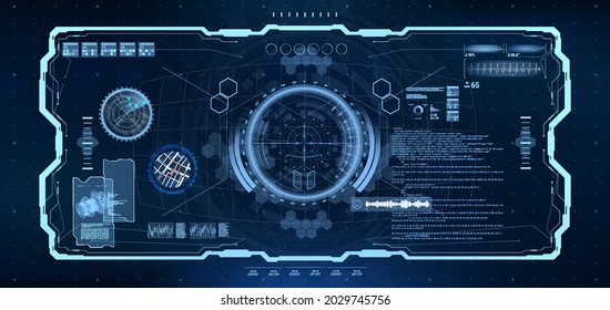 Cockpit Helmet Design with HUD interface for VR. Spaceship cockpit view. Military control center with futuristic dashboard, HUD interface, radar, circle gadgets and aim target. Sci-fi design. Vector