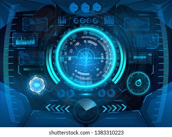 Cockpit helmet, Futuristic VR Head-up Display Design. Hud interface, Vr concept. View from the cockpit spaceship. HUD elements for virtual reality. Iron man interface