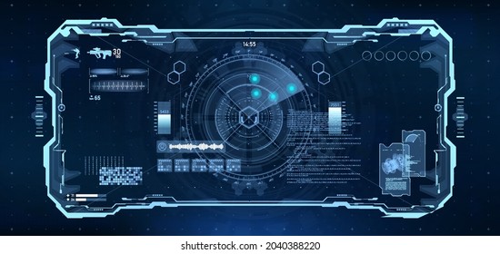 Cockpit Helmet Sci-Fi HUD for VR design. Futuristic cockpit view for UI, GUI, VR and games. Hi-tech military control center with dashboard, circle target gadget, data and HUD interface. Vector design