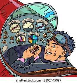 cockpit of a retro aircraft, the pilot leads the airplane. Pilot profession. Pop art retro vector illustration 50s 60s style kitsch vintage