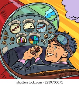 cockpit of a retro aircraft, the pilot leads the airplane. Pilot profession. Pop art retro vector illustration 50s 60s style kitsch vintage