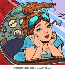 cockpit of a retro aircraft, the woman pilot leads the airplane. Pilot profession. Pop art retro vector illustration 50s 60s style kitsch vintage