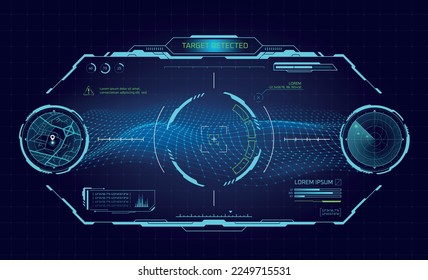 Cockpit vr dashboard. Hud spaceship hologram interface futuristic aircraft, virtual glasses robot helmet, military ai radar navigation airplane control, game ui vector illustration of screen dashboard