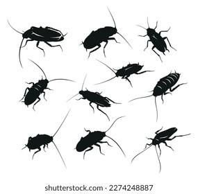 Cockroach black silhouette set creepy insect pest with antenna paw vector illustration. Winged beetle crawling bug domestic dirt urban animal zoology biology hygiene disgust character mascot pesticide