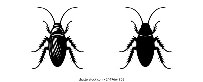 Cockroach black silhouettes, detailed and solid. Insect vector illustration set. On white backdrop Concept of pest control, infestation, home hygiene. For design, print, educational material