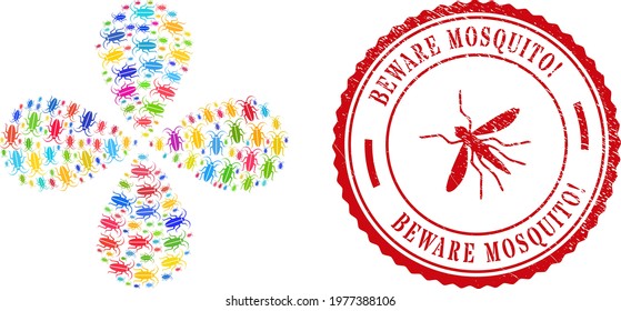 Cockroach colored exploding flower cluster, and red round BEWARE MOSQUITO Exciting. rubber stamp imitation. Cockroach symbol inside round rubber print. Object curl organized from random cockroach