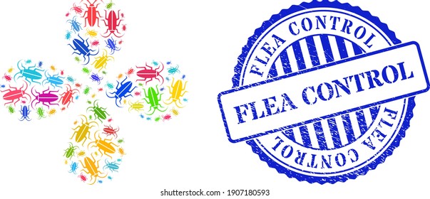 Flor de color cucaracha con 4 pétalos y imitación de sello de goma FLEA CONTROL redondo azul. Flor de objeto con 4 pétalos compuestos de cucarachas aleatorias. Collage de flores vectoriales en estilo plano.