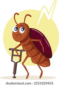 
Cockroach with Crutches Affected by Pest Control Measures Vector Cartoon. Parasitic animal being hurt by insecticide 
